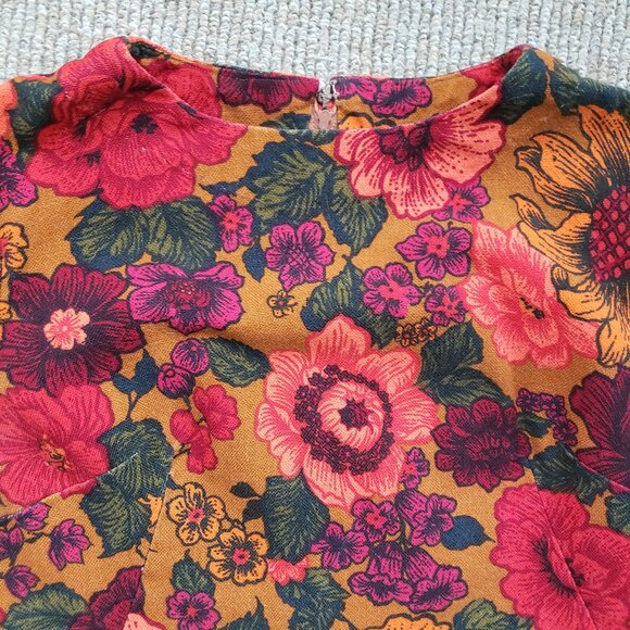 Vintage 60s Psychedelic Floral Hostess Dress Medium Barkcloth - Picture 5 of 11